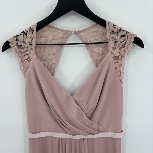Davids Bridal Light Pink Bridesmaid Dress Size 4 Lace Cap Sleeve Keyhole Back - Picture 9 of 16